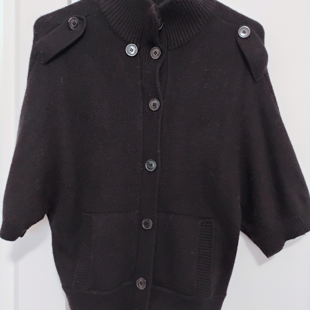Jessica Black Short-Sleeve Button-Up Sweater Cardigan